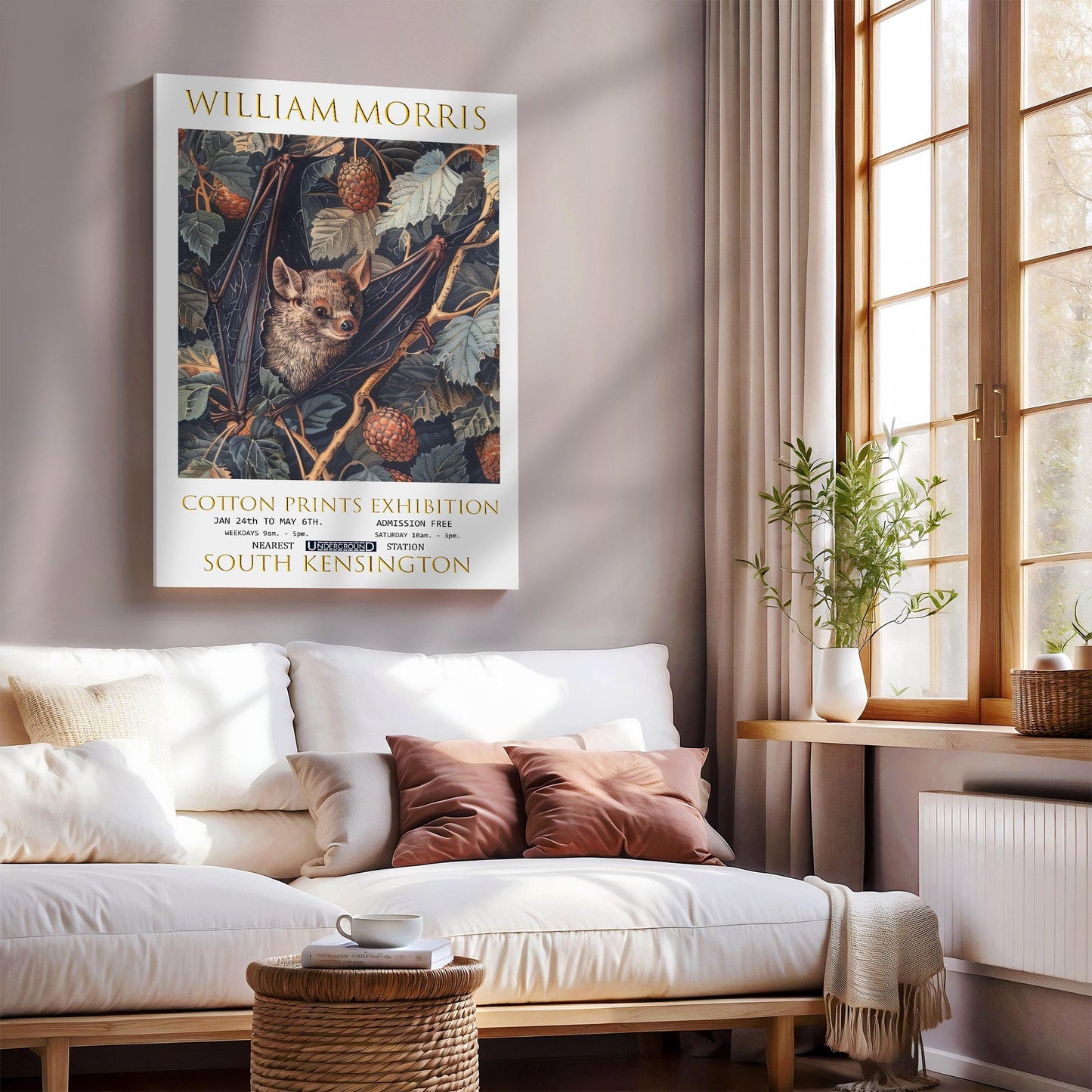 William Morris Bat Canvas, William Morris Exhibition Poster, William Morris Print, Textiles Canvas, Floral Wall Art, Bat Canvas Art Print