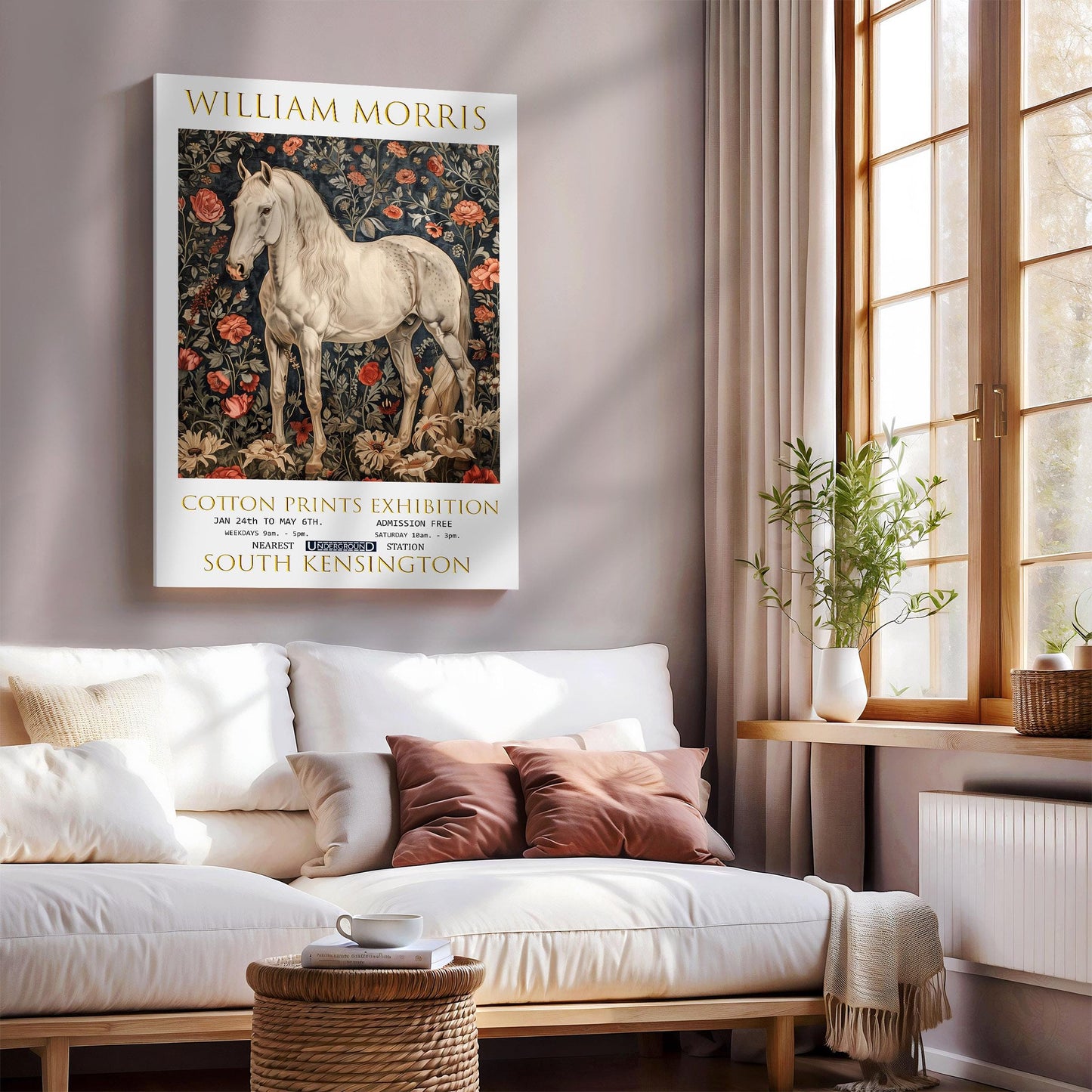 William Morris White Horse Canvas, William Morris Exhibition Poster, William Morris Print, Textiles Canvas, Floral Wall Art, Horse Canvas