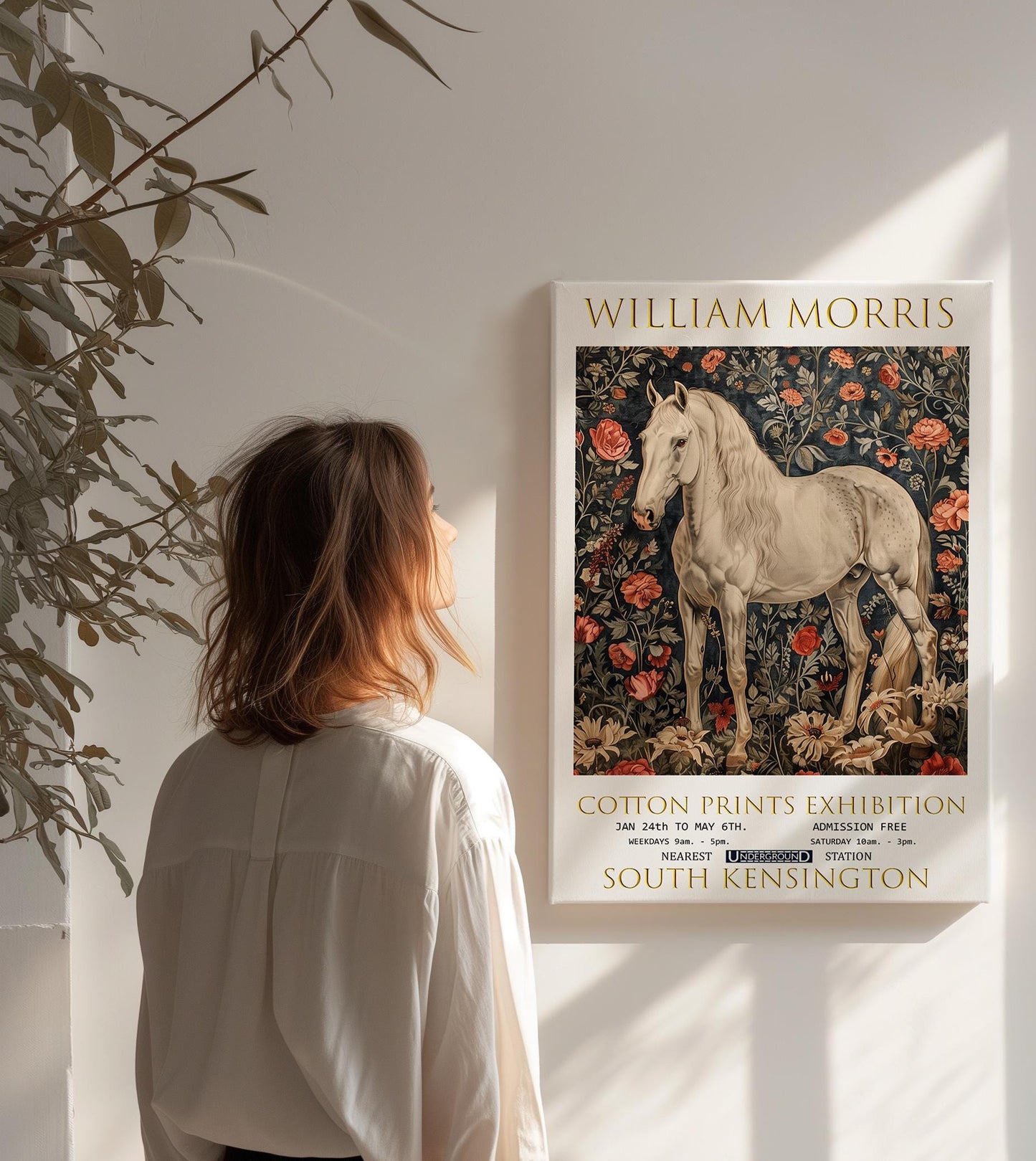 William Morris White Horse Canvas, William Morris Exhibition Poster, William Morris Print, Textiles Canvas, Floral Wall Art, Horse Canvas