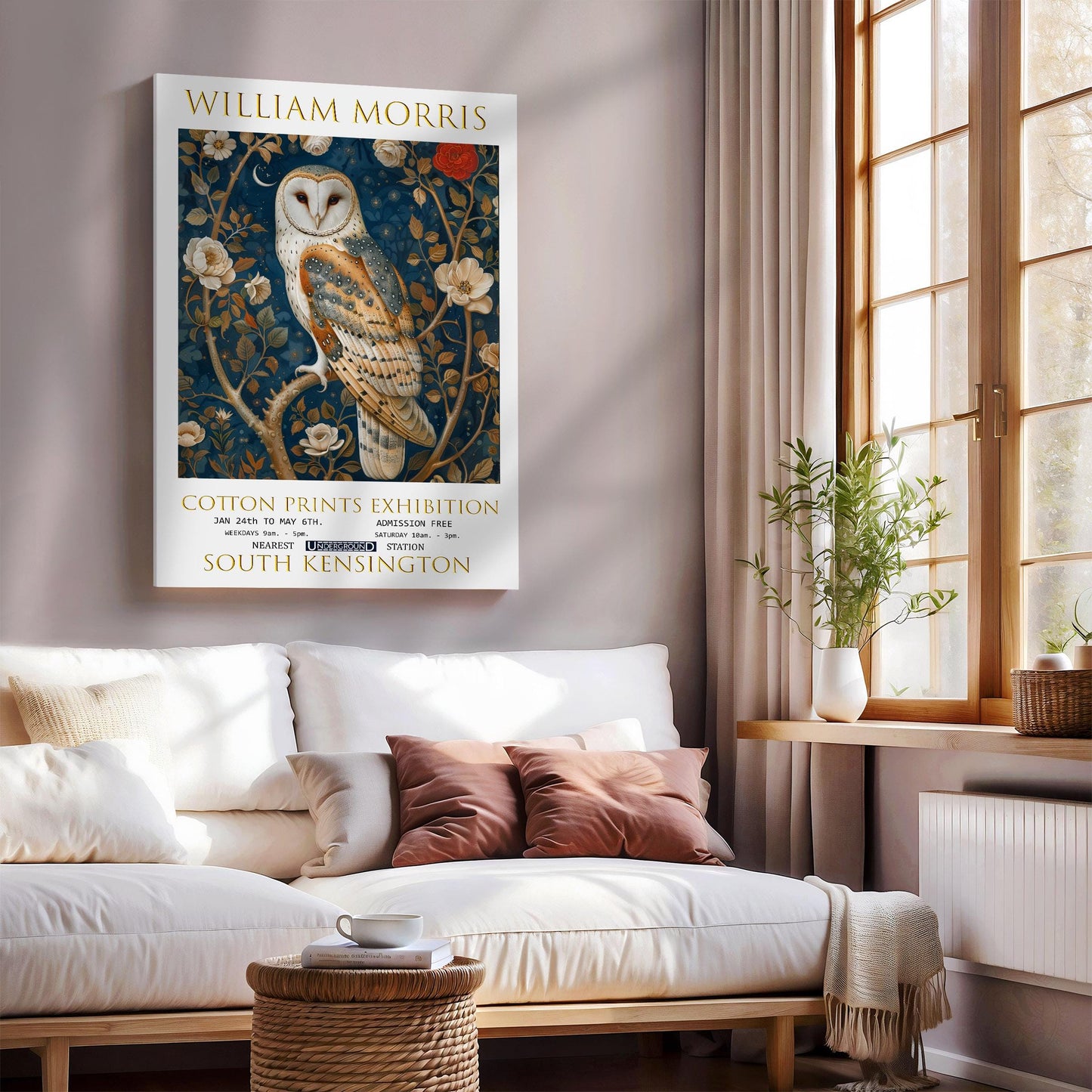 William Morris Owl Canvas, William Morris Exhibition Poster, William Morris Print, Textiles Canvas, Floral Wall Art, Owl Canvas Wall Art