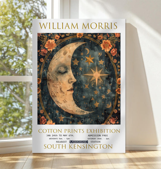 William Morris Canvas, William Morris Exhibition Poster, William Morris Print, Textile Canvas, Floral Wall Art, Moon & Stars Canvas Wall Art