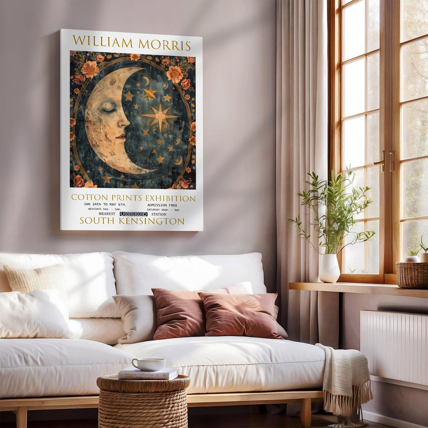 William Morris Canvas, William Morris Exhibition Poster, William Morris Print, Textile Canvas, Floral Wall Art, Moon & Stars Canvas Wall Art