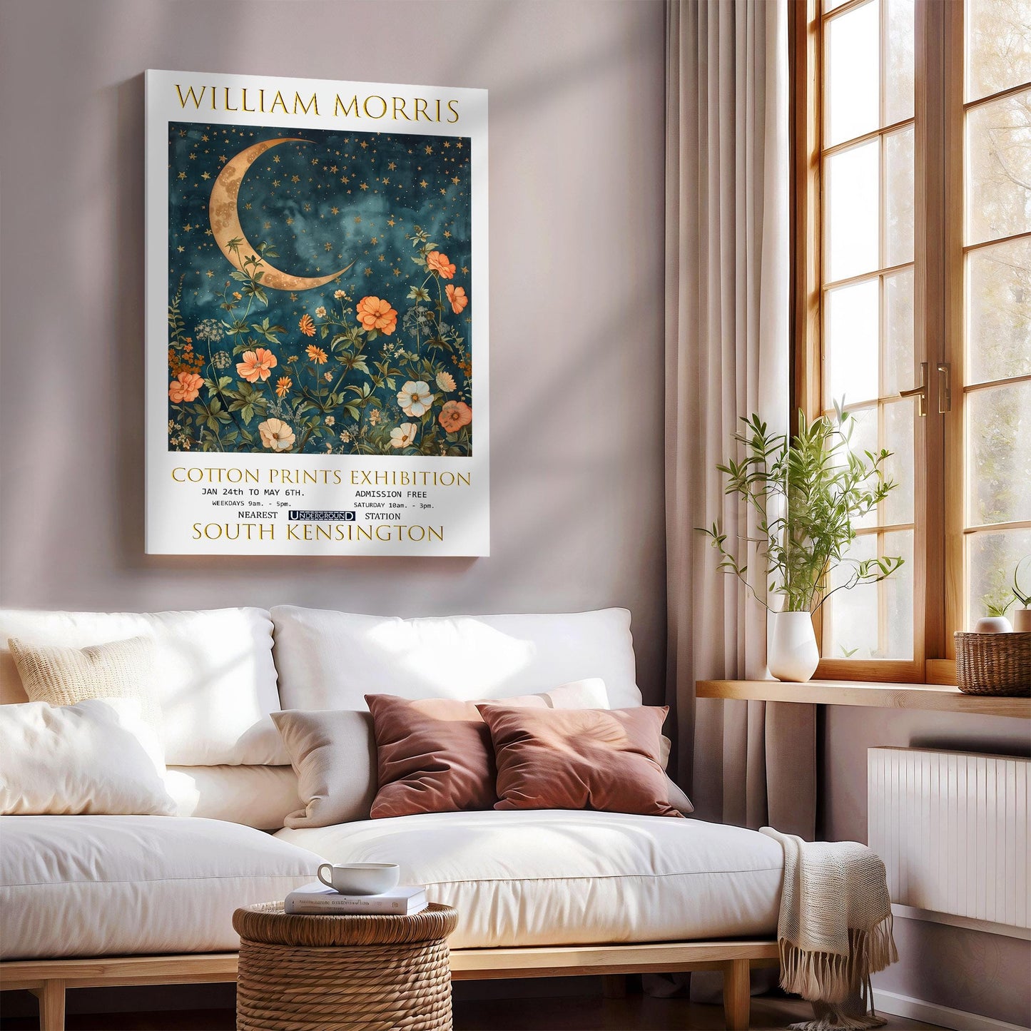 William Morris Moon & Stars Canvas, William Morris Exhibition Poster, William Morris Print, Textile Canvas, Floral Wall Art, Home Decor