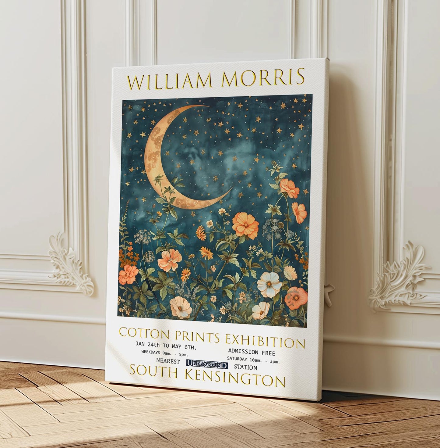 William Morris Moon & Stars Canvas, William Morris Exhibition Poster, William Morris Print, Textile Canvas, Floral Wall Art, Home Decor