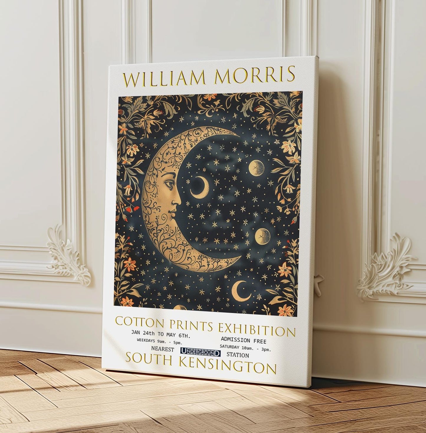 William Morris Moon & Stars Canvas, William Morris Exhibition Poster, William Morris Print, Textile Canvas, Floral Wall Art, Wall Decor