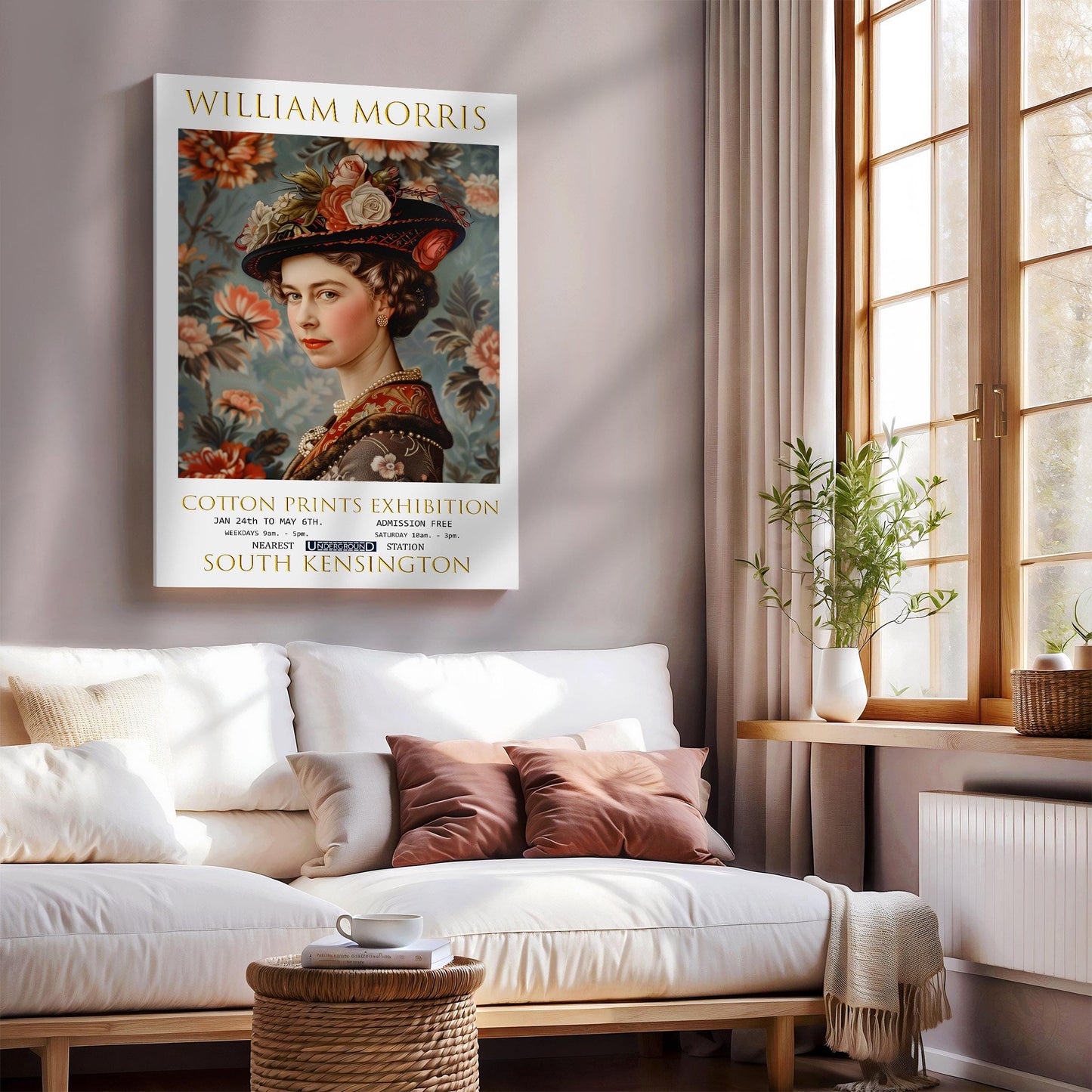 William Morris Canvas, William Morris Exhibition Poster, William Morris Print, Textile Canvas, Floral Wall Art, Queen Elizabeth Canvas