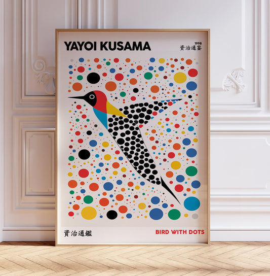 Japanese Exhibition Poster, Yayoi Kusama Art Print, Bird With Dots, Traditional Japanese Wall Art Decor, Asian Decor, Japanese Art