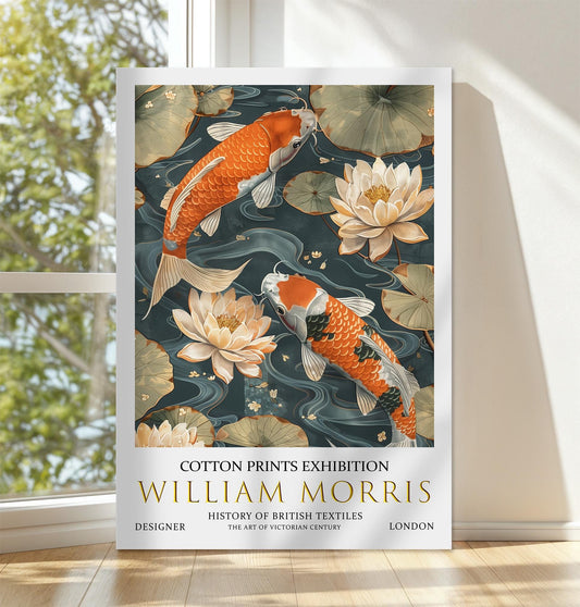 William Morris Canvas, William Morris Exhibition Print on Canvas, William Morris Print, Textile Canvas,  Floral Wall Art, Koi Fish Canvas