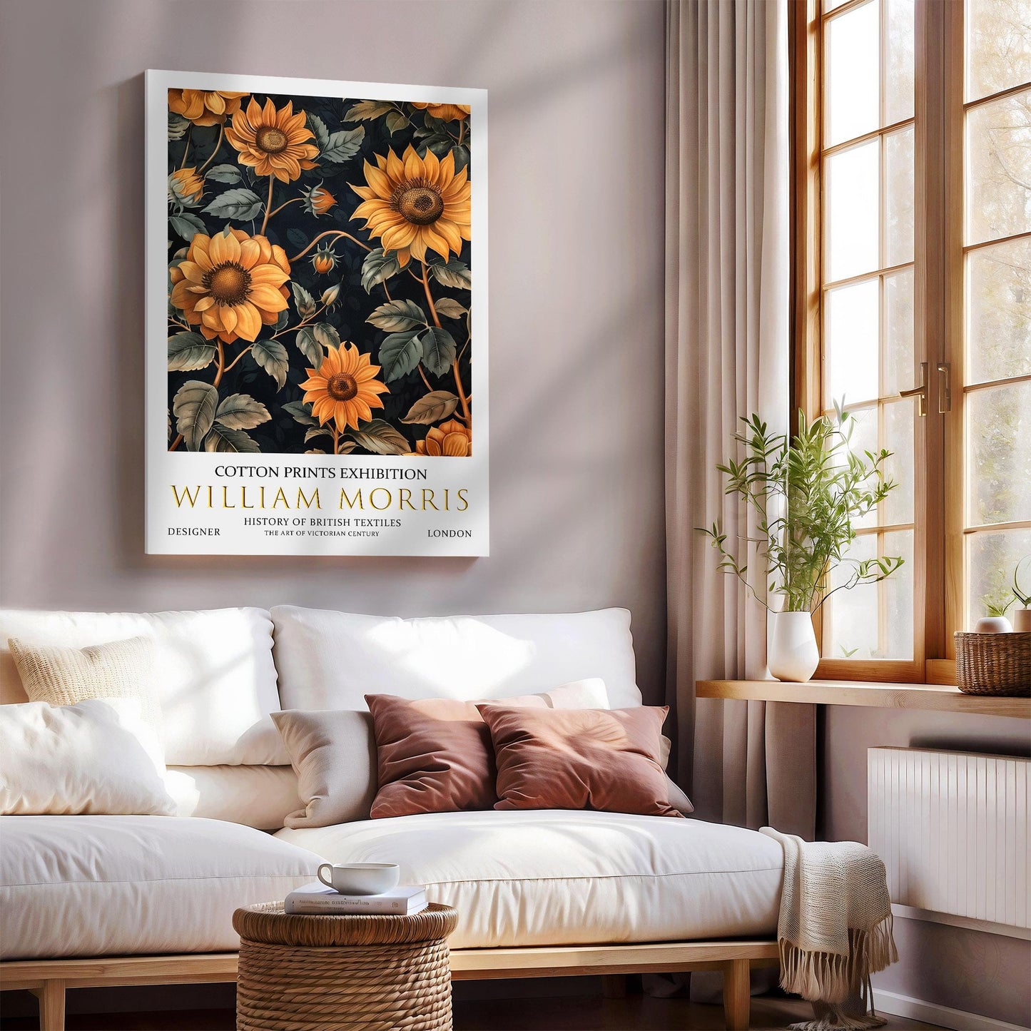 William Morris Canvas, William Morris Exhibition Print on Canvas, William Morris Print, Textile Canvas,  Floral Wall Art, Sunflowers Canvas