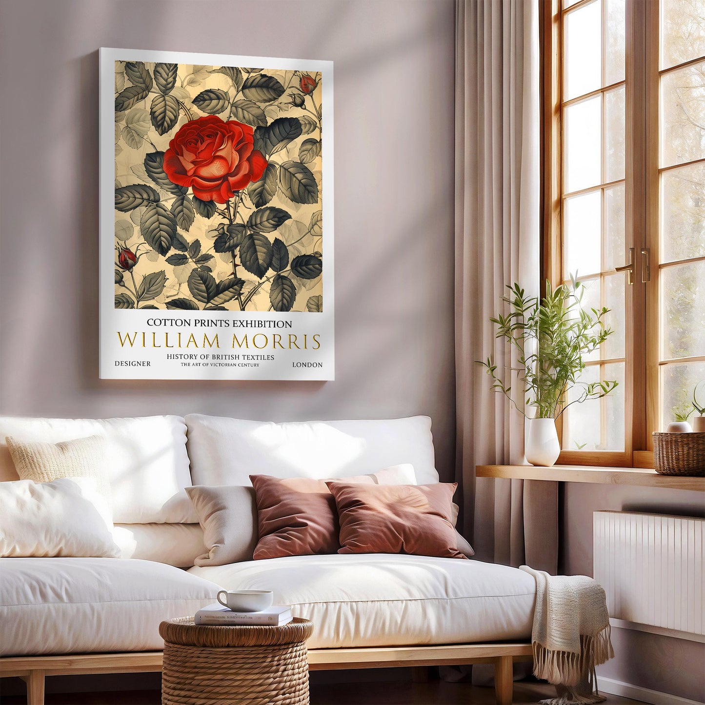 William Morris Canvas, William Morris Exhibition Print on Canvas, William Morris Print, Textile Canvas,  Floral Wall Art, Red Rose Canvas