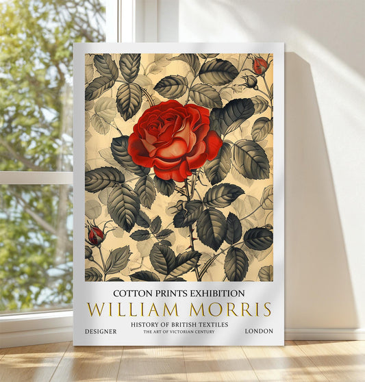 William Morris Canvas, William Morris Exhibition Print on Canvas, William Morris Print, Textile Canvas,  Floral Wall Art, Red Rose Canvas