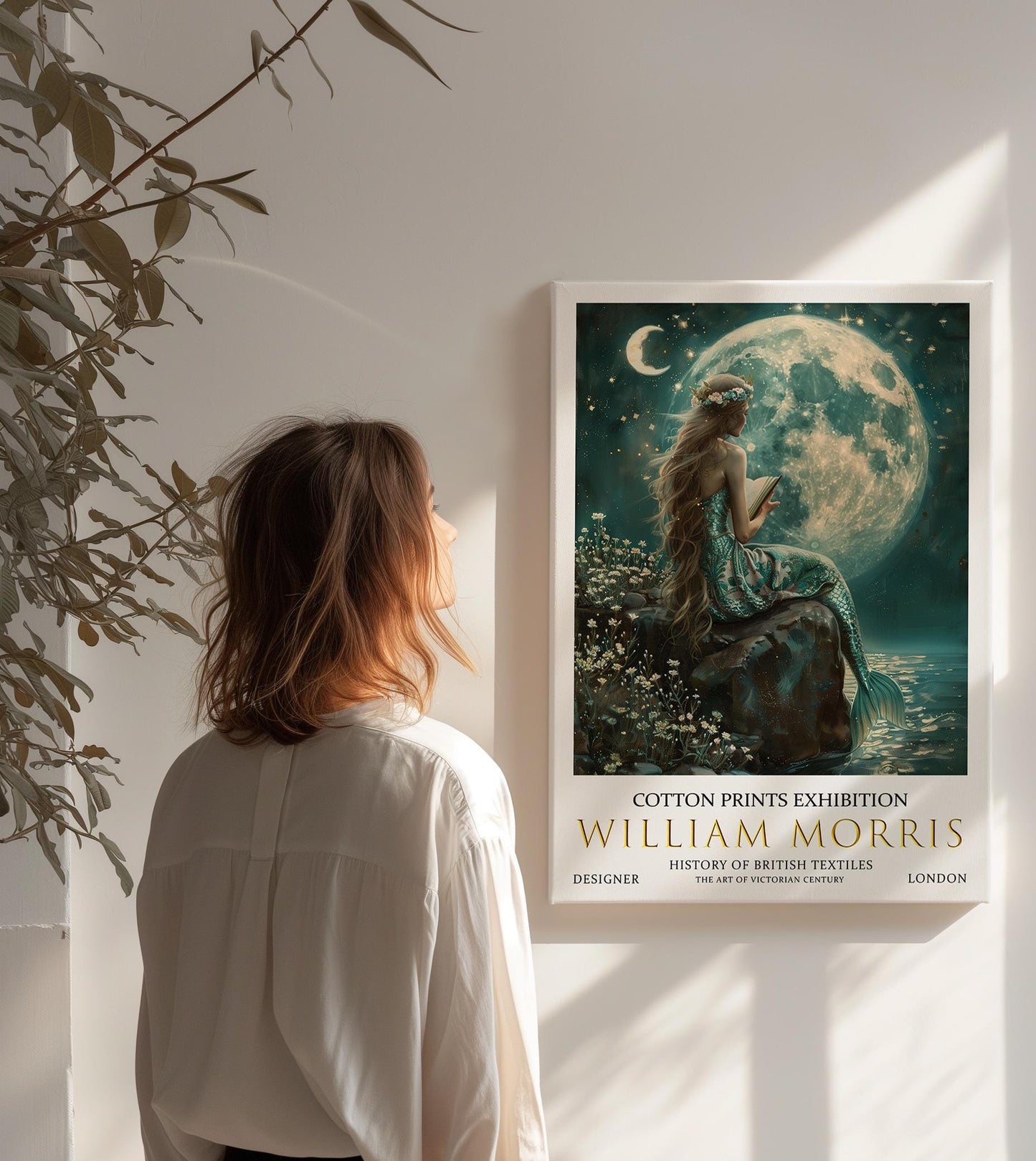 William Morris Mermaid Reading A Book Canvas, William Morris Exhibition Print on Canvas, William Morris Print, Floral Canvas, Textiles Art