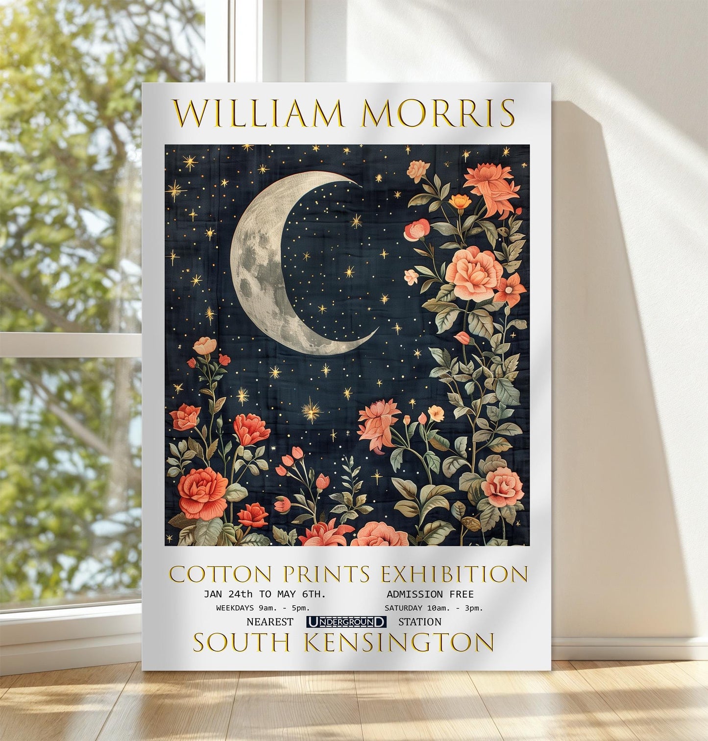 William Morris Moon & Stars Canvas, William Morris Exhibition Print on Canvas, William Morris Print, Textiles Canvas, Floral Art, Wall Decor