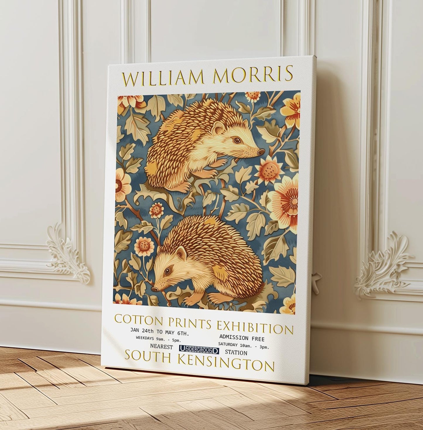 William Morris Canvas, William Morris Exhibition Poster, William Morris Print, Textile Canvas Art, Floral Wall Art, Hedgehogs Canvas