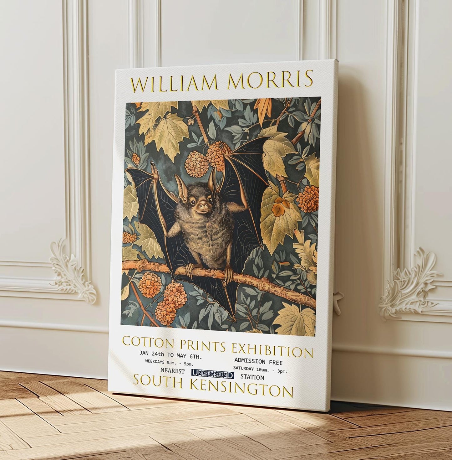 William Morris Bat Canvas, William Morris Exhibition Poster, William Morris Print, Textiles Canvas, Floral Wall Art, Bat Canvas Wall Art