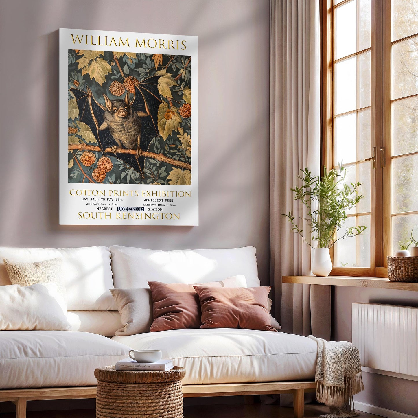 William Morris Bat Canvas, William Morris Exhibition Poster, William Morris Print, Textiles Canvas, Floral Wall Art, Bat Canvas Wall Art