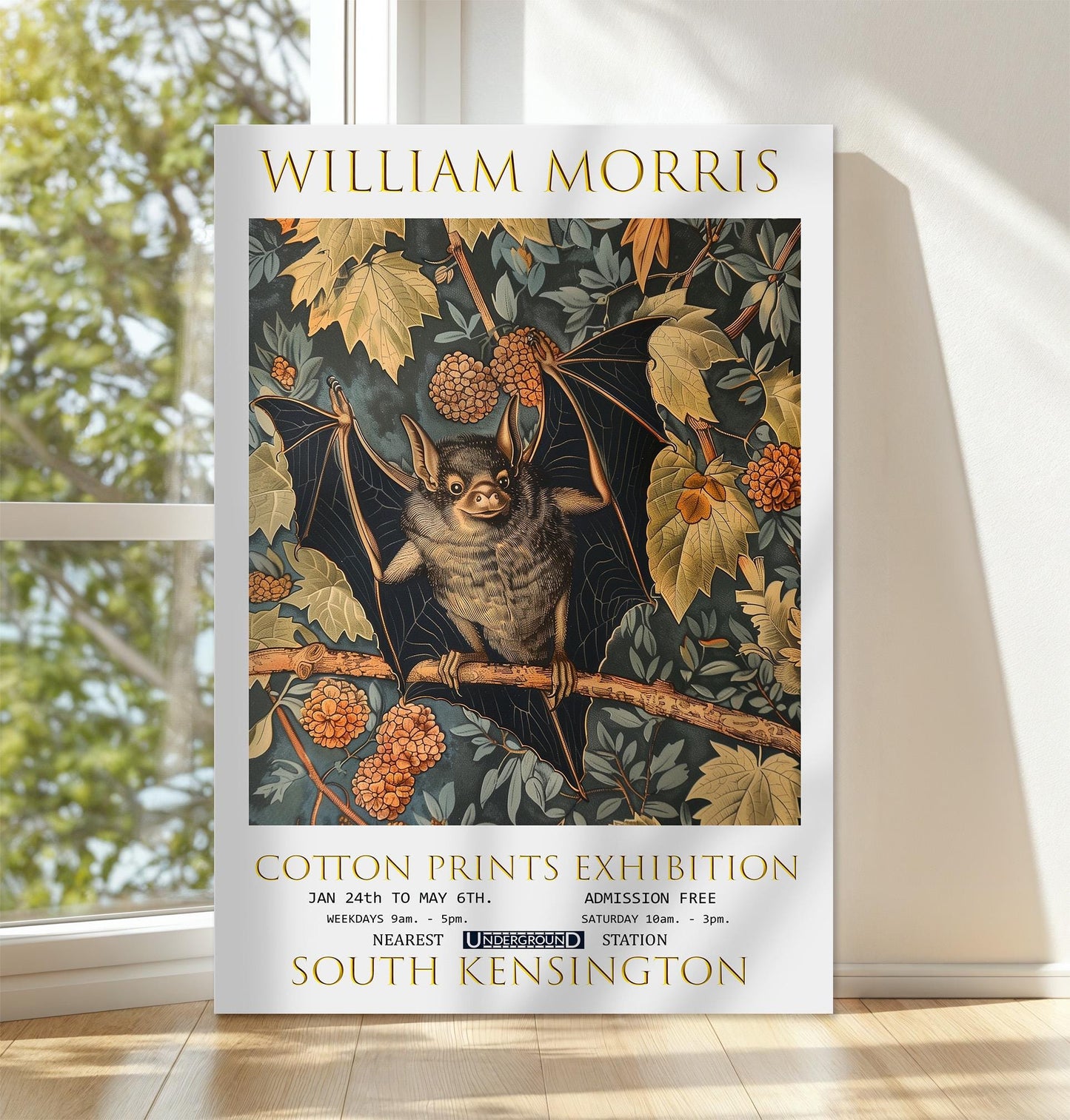 William Morris Bat Canvas, William Morris Exhibition Poster, William Morris Print, Textiles Canvas, Floral Wall Art, Bat Canvas Wall Art