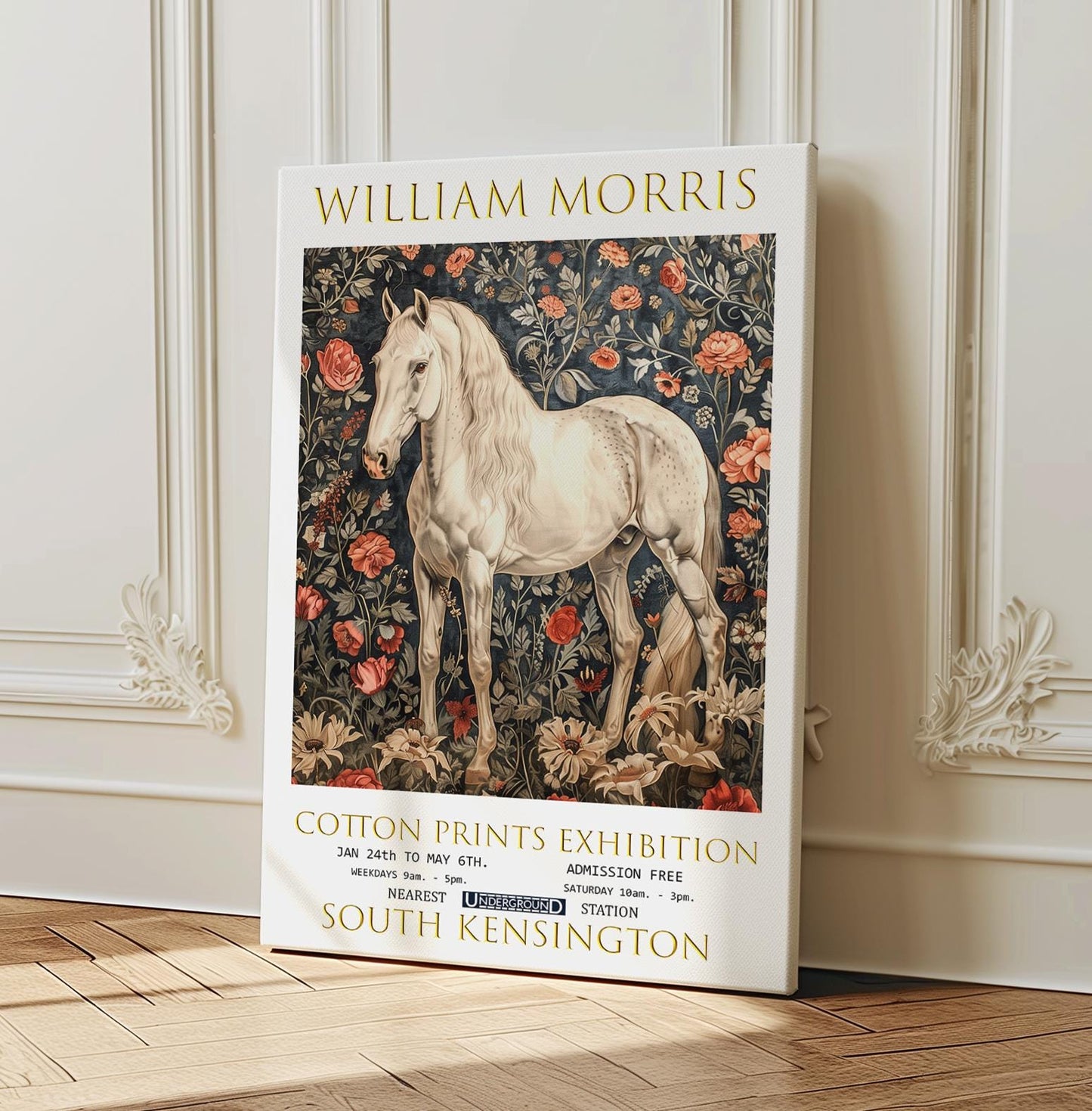 William Morris White Horse Canvas, William Morris Exhibition Poster, William Morris Print, Textiles Canvas, Floral Wall Art, Horse Canvas