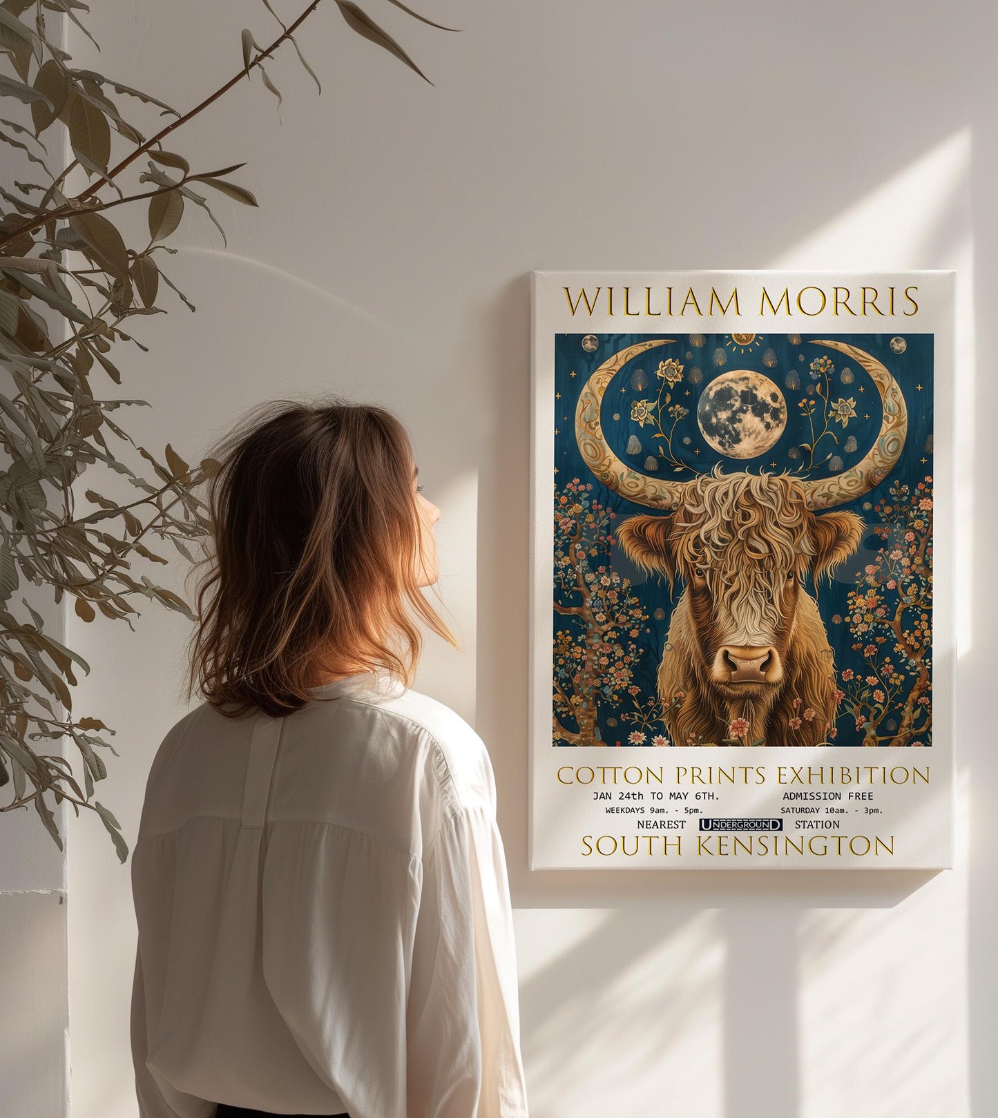 William Morris Highland Cow Canvas, William Morris Exhibition Poster, William Morris Print, Textiles Canvas, Floral Wall Art, Cow Canvas