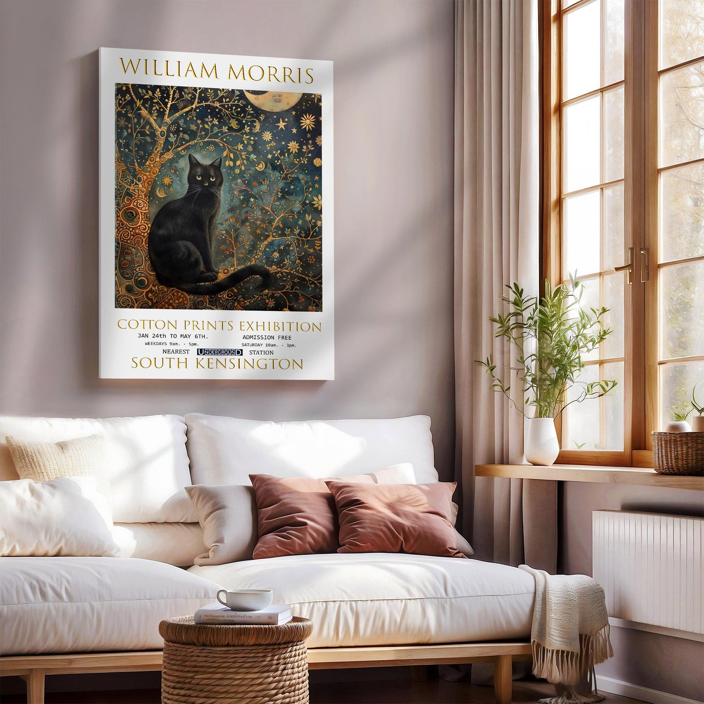 William Morris Canvas, William Morris Exhibition Poster, William Morris Print, Textiles Canvas, Floral Wall Art, Black Cat Canvas Wall Art