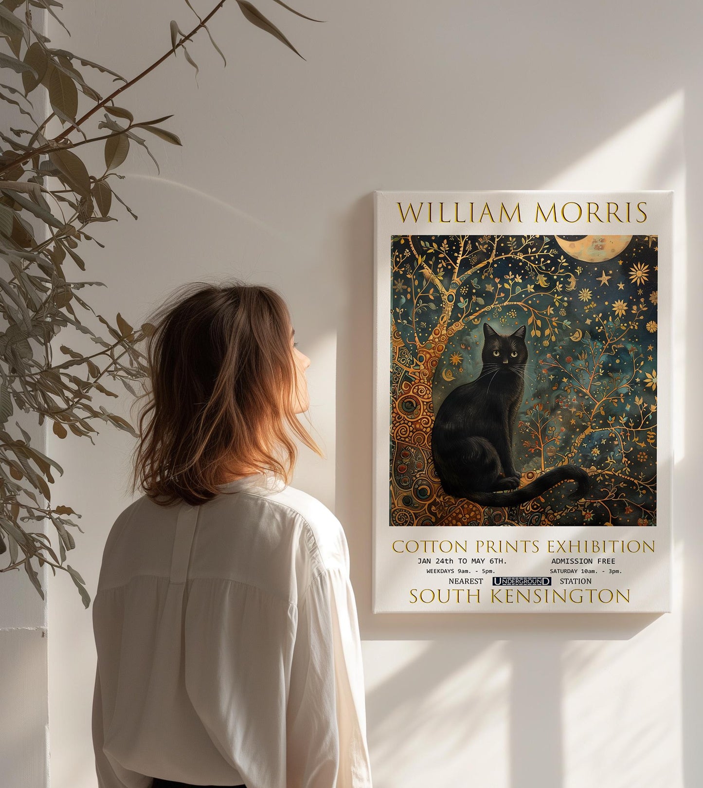 William Morris Canvas, William Morris Exhibition Poster, William Morris Print, Textiles Canvas, Floral Wall Art, Black Cat Canvas Wall Art