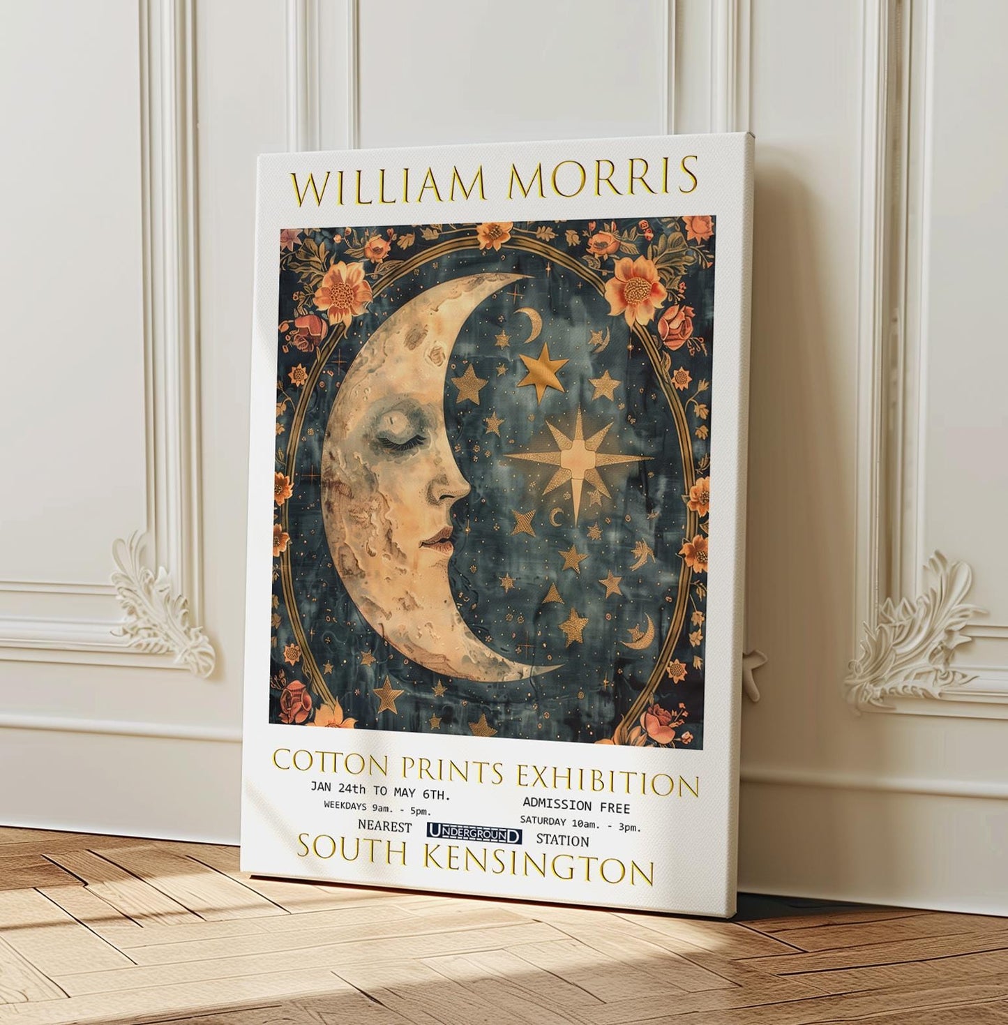 William Morris Canvas, William Morris Exhibition Poster, William Morris Print, Textile Canvas, Floral Wall Art, Moon & Stars Canvas Wall Art