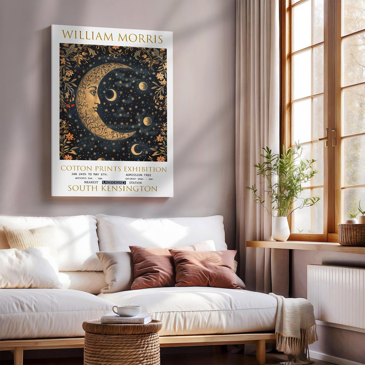 William Morris Moon & Stars Canvas, William Morris Exhibition Poster, William Morris Print, Textile Canvas, Floral Wall Art, Wall Decor