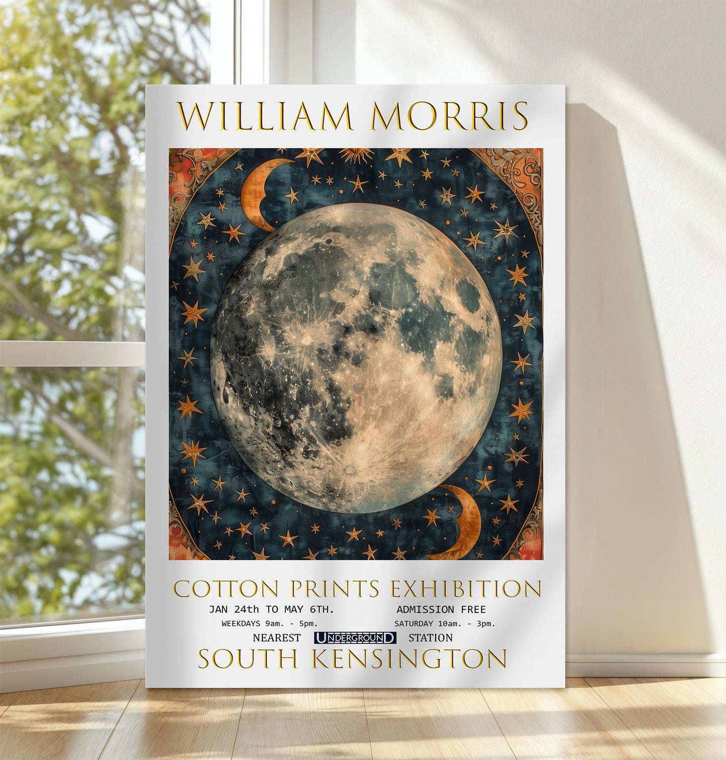 William Morris Canvas, William Morris Exhibition Poster, William Morris Print, Textile Canvas, Floral Wall Art, Moon & Stars Canvas Print