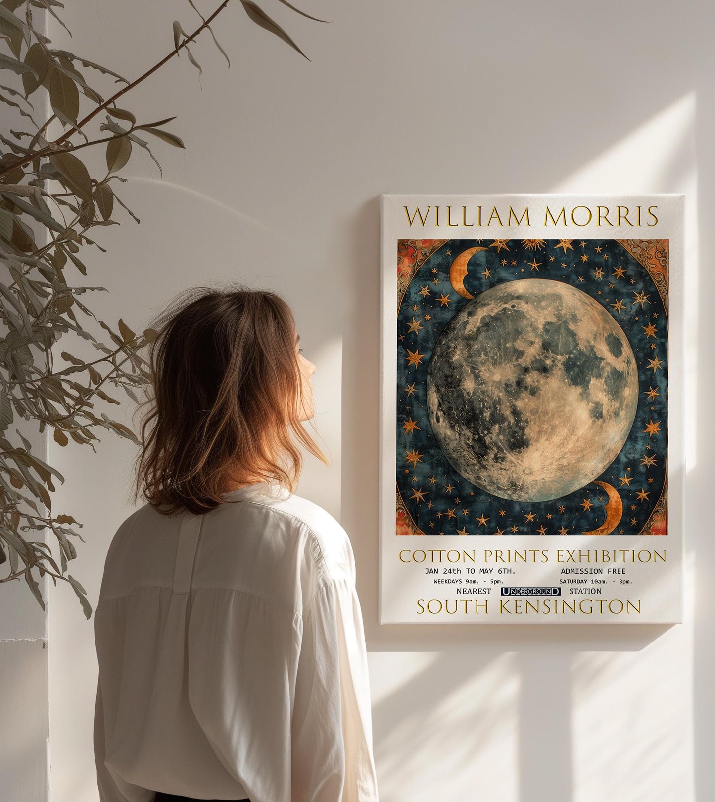 William Morris Canvas, William Morris Exhibition Poster, William Morris Print, Textile Canvas, Floral Wall Art, Moon & Stars Canvas Print