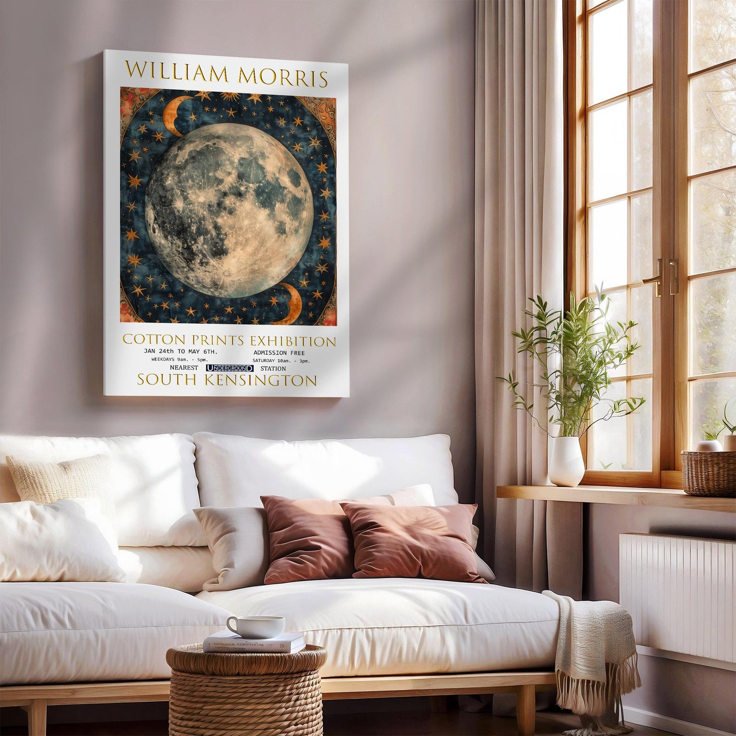 William Morris Canvas, William Morris Exhibition Poster, William Morris Print, Textile Canvas, Floral Wall Art, Moon & Stars Canvas Print