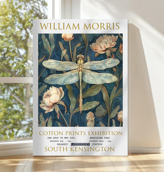 William Morris Canvas, William Morris Exhibition Poster, William Morris Print, Textile Canvas, Floral Wall Art, Dragonfly Canvas Wall Art