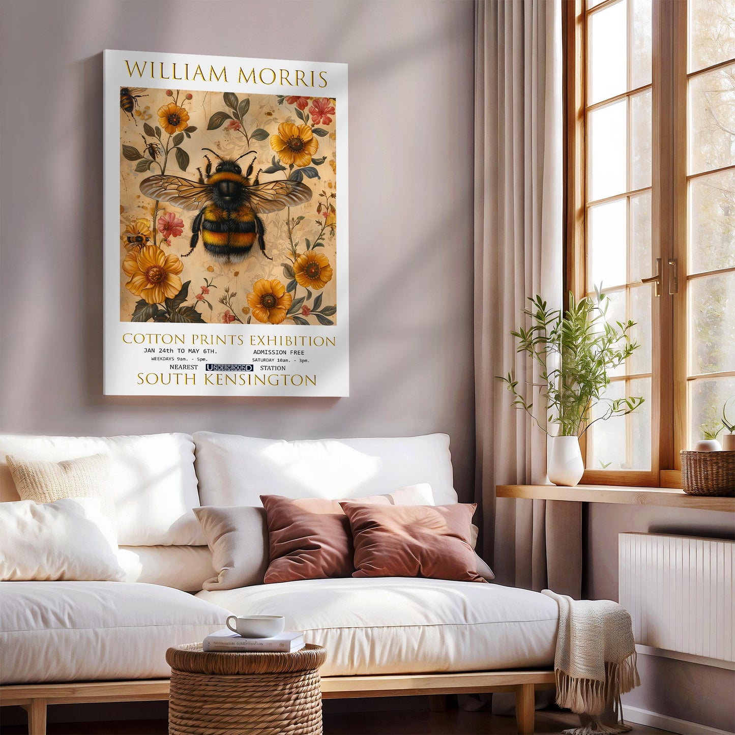 William Morris Canvas, William Morris Exhibition Poster, William Morris Print, Textile Canvas, Floral Wall Art, Bumblebee Canvas Wall Art