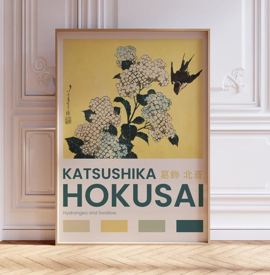 Katsushika Hokusai Poster, Hydrangea and Swallow, Hokusai Print, Vintage Japanese Home Décor, Floral Print, Floral Décor, Gift, A2/A3/A4/A5