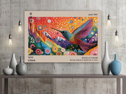 Japanese Exhibition Poster, Yayoi Kusama Print on Canvas, Traditional Japanese Wall Print Decor, Japanese Art, Hummingbird Print