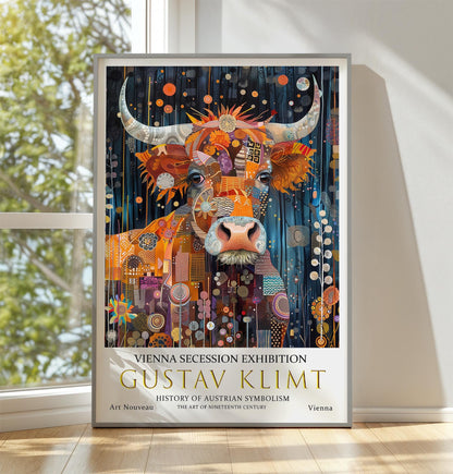 Gustav Klimt Print, Gustav Klimt Exhibition Poster, Gustav Klimt Highland Cow Poster, Vintage Poster, Night Time Art, Vintage Wall Art,