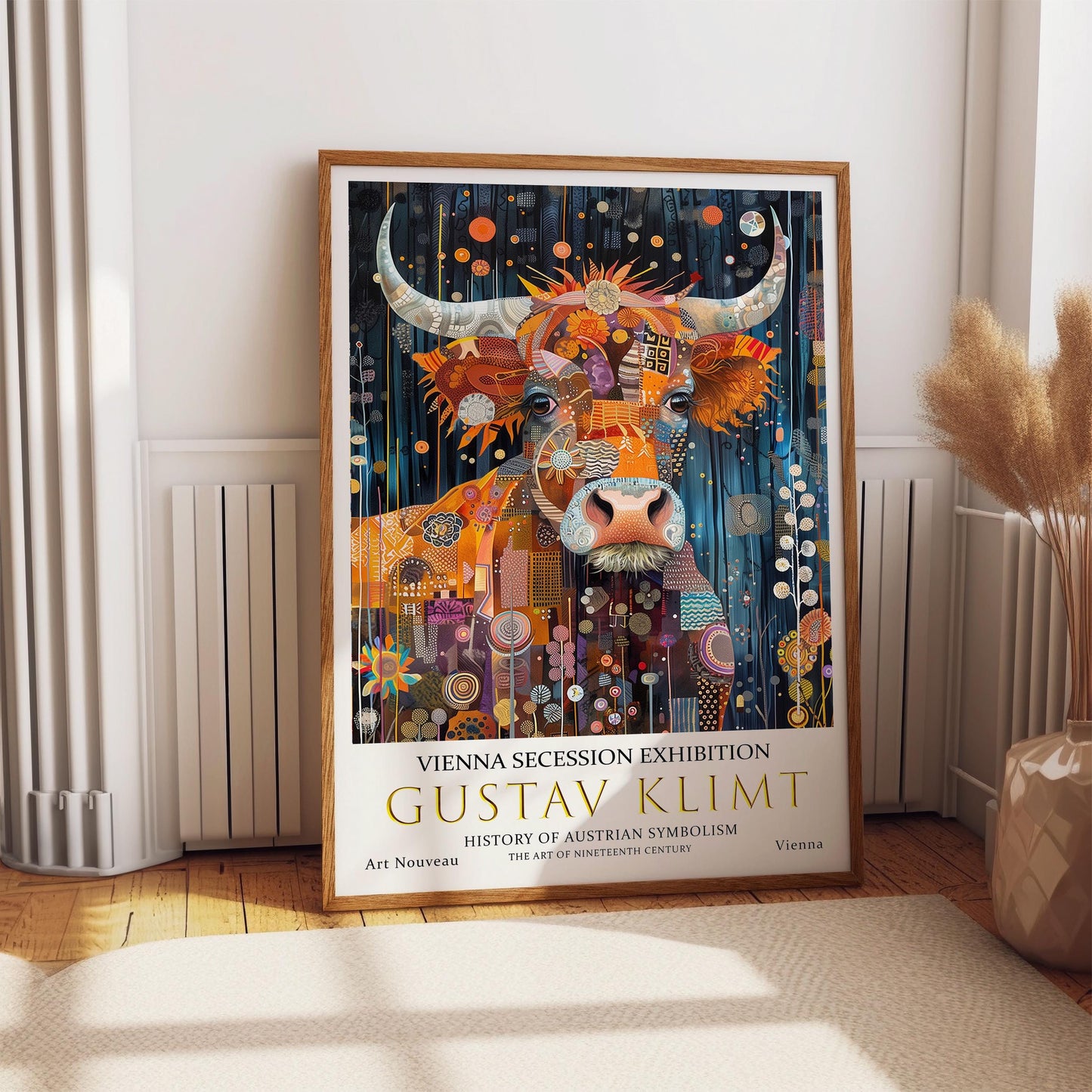 Gustav Klimt Print, Gustav Klimt Exhibition Poster, Gustav Klimt Highland Cow Poster, Vintage Poster, Night Time Art, Vintage Wall Art,