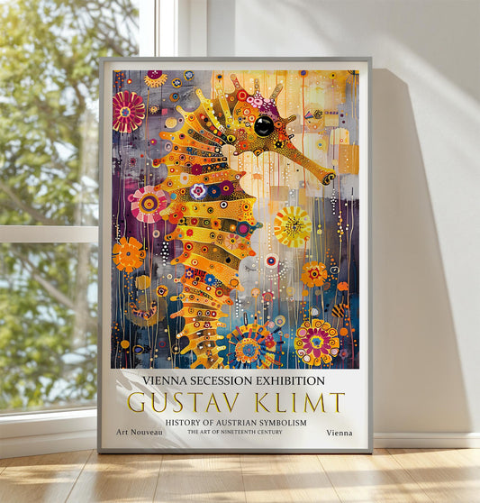 Gustav Klimt Print, Gustav Klimt Exhibition Poster, Gustav Klimt Seahorse Poster, Vintage Poster, Flower Artwork, Vintage Wall Art,