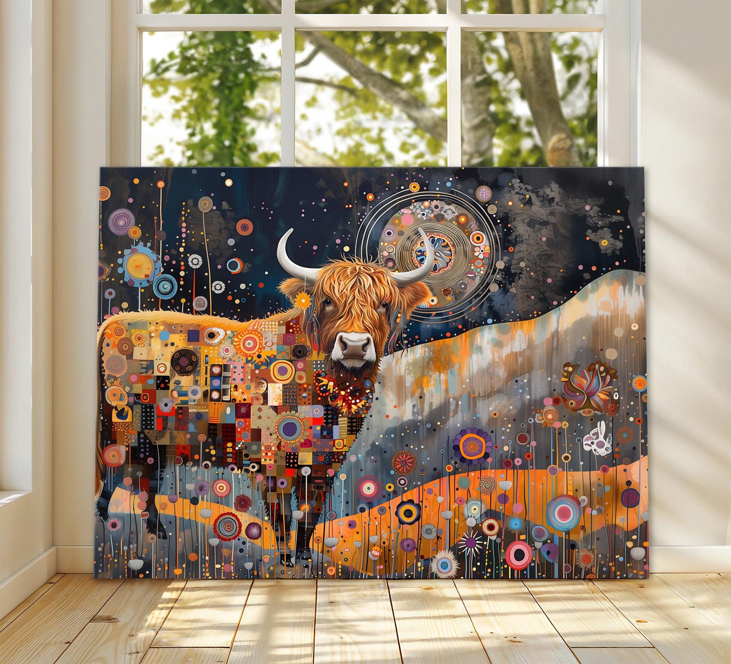 Gustav Klimt Highland Cow Print on Canvas, Gustav Klimt Exhibition Print, Gustav Klimt Poster, Vintage Poster, Night Garden Wall Art