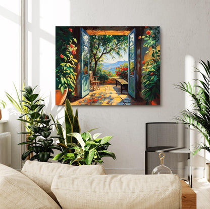 Open Window Henri Matisse Canvas, Henri Matisse Style Fauvism Painting, Modern Exhibition Print, Patio Doors Romantic Garden Bench Nature