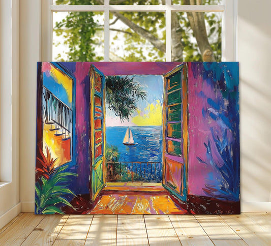 Open Window Henri Matisse Canvas, Henri Matisse Fauvism Painting, Modern Exhibition Print, Tropical Palm Terrace Overlooking Ocean Boat