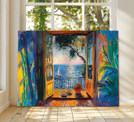 Open Window Henri Matisse Canvas Art, Henri Matisse Fauvism Painting, Modern Exhibition Print, Tropical Palm Terrace Overlooking Ocean Boat