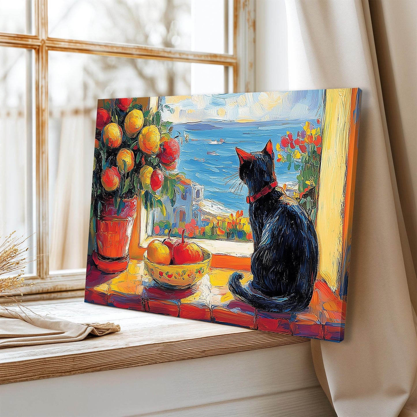 Open Window Cat Henri Matisse Canvas Art, Henri Matisse Fauvism Painting, Modern Exhibition Print, Tropical Palm Terrace Overlooking Ocean