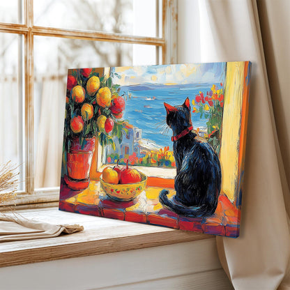 Open Window Cat Henri Matisse Canvas Art, Henri Matisse Fauvism Painting, Modern Exhibition Print, Tropical Palm Terrace Overlooking Ocean