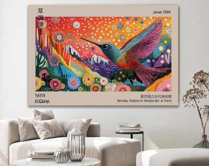 Japanese Exhibition Poster, Yayoi Kusama Print on Canvas, Traditional Japanese Wall Print Decor, Japanese Art, Hummingbird Print