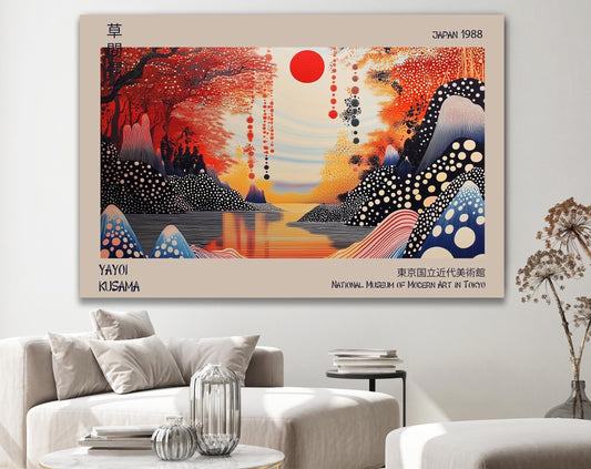 Japanese Exhibition Poster, Yayoi Kusama Canvas, Traditional Japanese Wall Print Decor, Japanese Art, Red Sun Wall Art