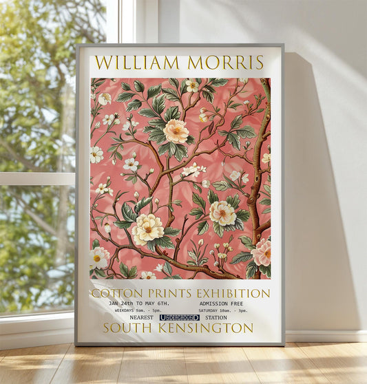 William Morris Cherry Blossom Tree Print, Vintage Botanical Art, Cotton Prints Exhibition Poster, Floral Wall Art, Classic Home Decor