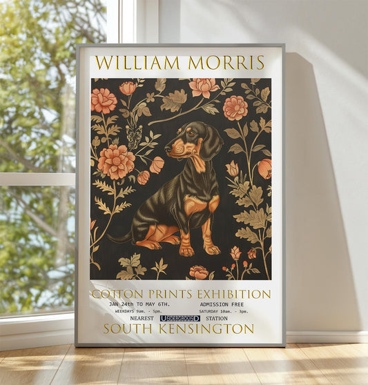 William Morris Dachshund Print, Vintage Botanical Art, Cotton Prints Exhibition Poster, Dog Wall Art, Classic Floral Home Decor