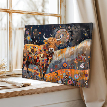 Gustav Klimt Highland Cow Print on Canvas, Gustav Klimt Exhibition Print, Gustav Klimt Poster, Vintage Poster, Night Garden Wall Art