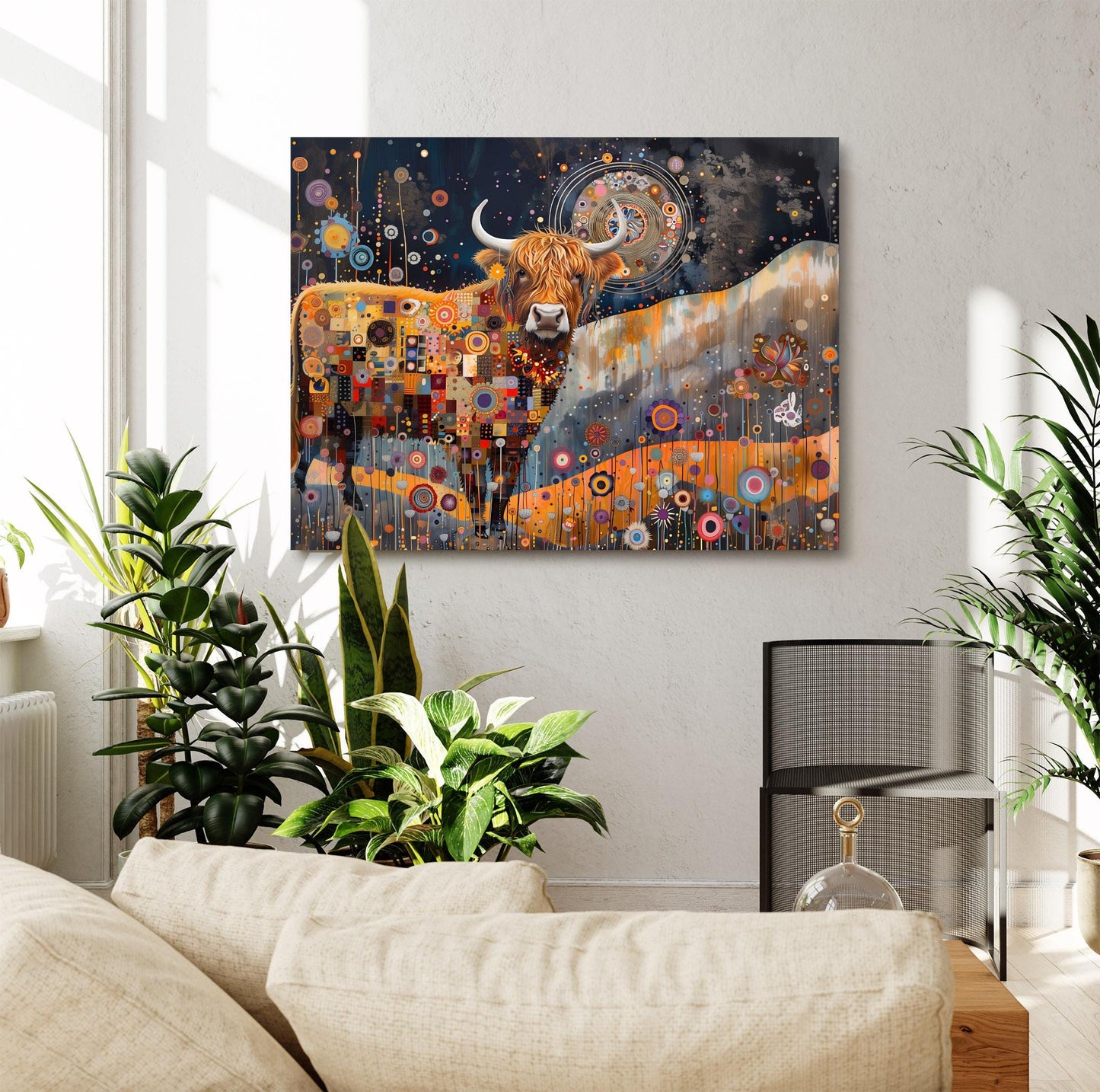 Gustav Klimt Highland Cow Print on Canvas, Gustav Klimt Exhibition Print, Gustav Klimt Poster, Vintage Poster, Night Garden Wall Art