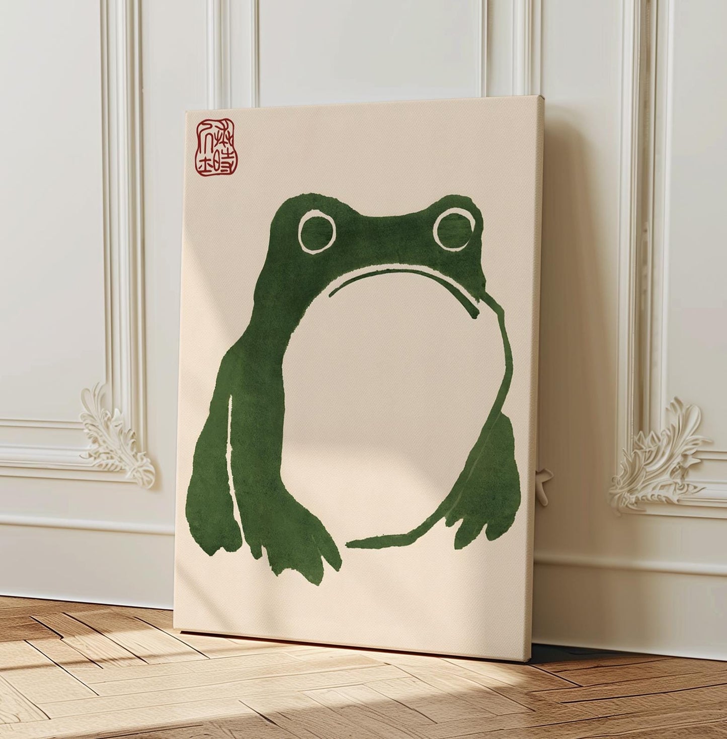 Matsumoto Hoji Frog Art Print on Canvas - Japanese Zen Inspired Minimalist Wall Decor - Green Frog with Red Seal for Serene Living Space